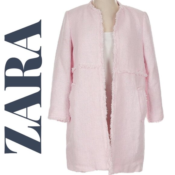 ZARA  Blush Pink Tweed Frayed Edge Longline Open Front Jacket Coat, Size Small - Picture 11 of 13